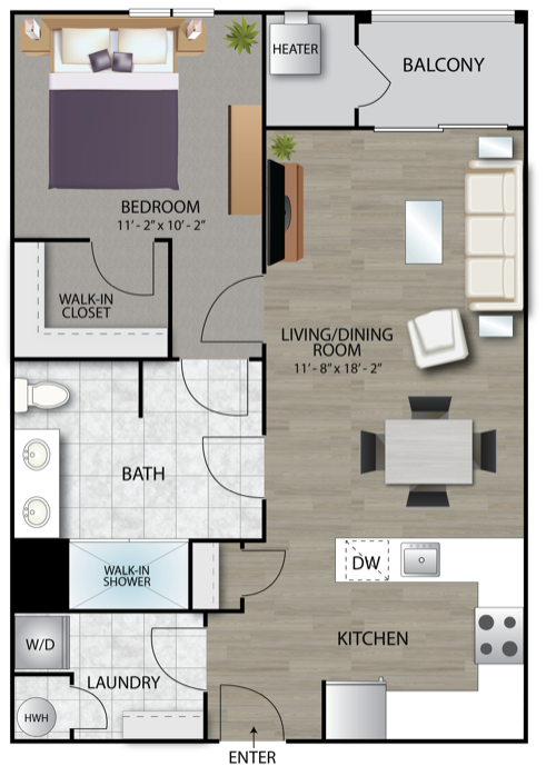 Floorplan for Model A02 / 1 Bed / 1 Bath