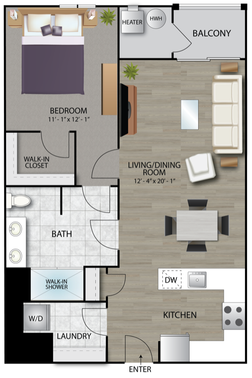 Floorplan for Model A07 / 1 Bed / 1 Bath