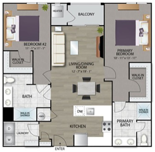 Floorplan for Model B10-C / 1 Bed / 2 Bath